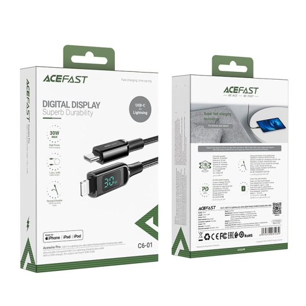 Noslīcis kabelis ar LED ekrānu iPhone MFI USB -C - zibens 1,2m 30w 3a melns