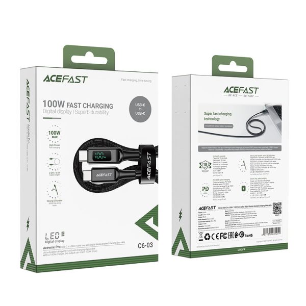 Noslīkstošais stieples kabelis ar LED USB-C 100W 20V 5A 2M Black