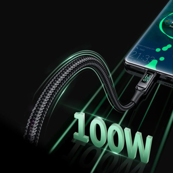 Noslīkstošais stieples kabelis ar LED USB-C 100W 20V 5A 2M Black