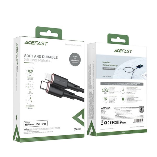 Kabelis Kabelis iPhone MFI USB -C - zibens 30W 3A 1,2m melns