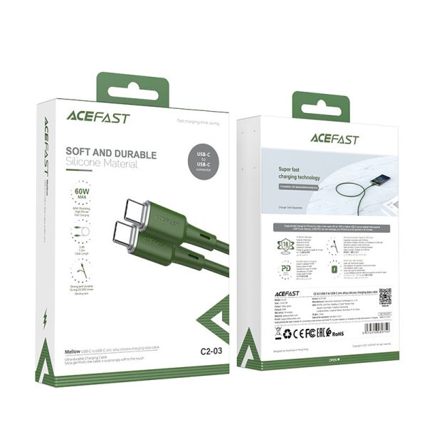 Kabelis USB-C 60W 20V 3A 1,2M zaļā olīva