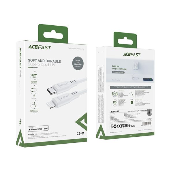 Kabelis kabelis iPhone MFI USB -C - zibens 30W 3A 1,2 m balts balts