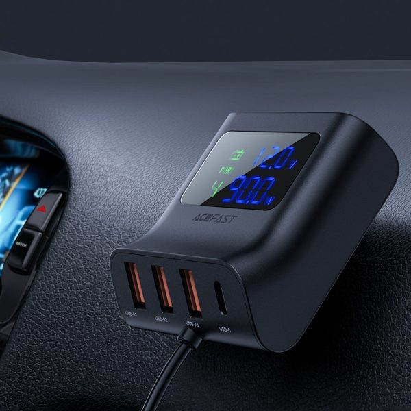 Automašīnas lādētāju uzlādes stacija 90W USB-C 3X USB QC 3.0 melna