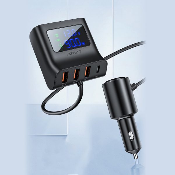 Automašīnas lādētāju uzlādes stacija 90W USB-C 3X USB QC 3.0 melna