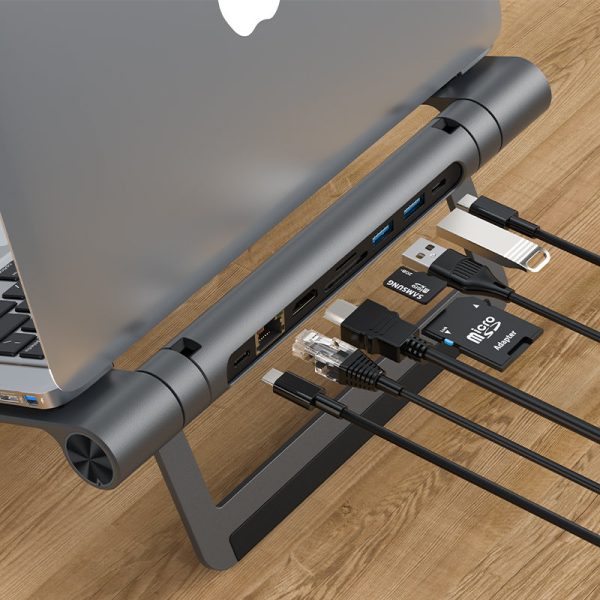 8in1 klēpjdatoru bāze + daudzfunkcionālais centrmezgls USB-C TF SD HDMI 4K RJ45 100W pelēks