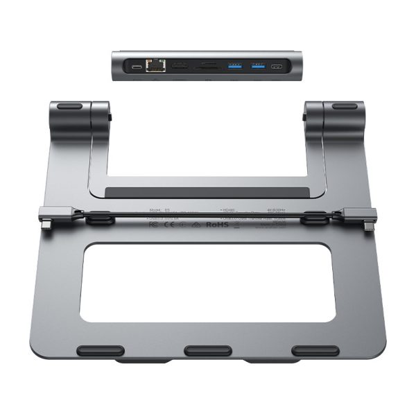 8in1 klēpjdatoru bāze + daudzfunkcionālais centrmezgls USB-C TF SD HDMI 4K RJ45 100W pelēks