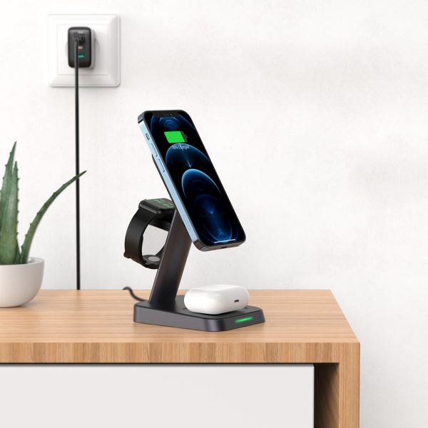 3in1 qi 15W lādētājs ar magnētisku rokturi iPhone Apple Watch un AirPods Black