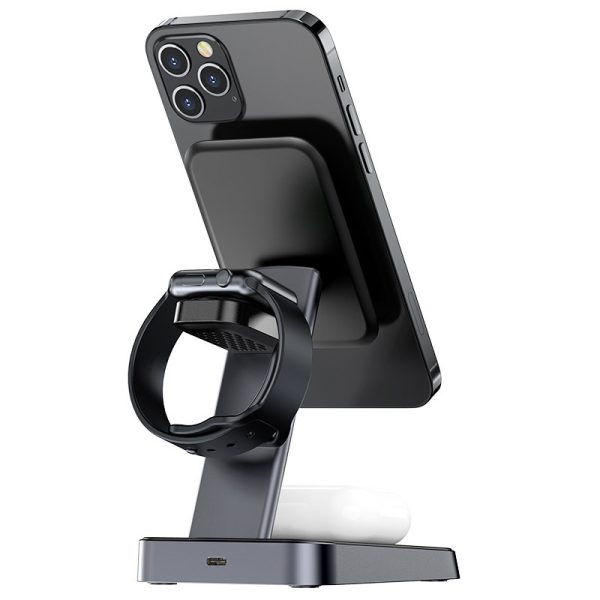 3in1 qi 15W lādētājs ar magnētisku rokturi iPhone Apple Watch un AirPods Black