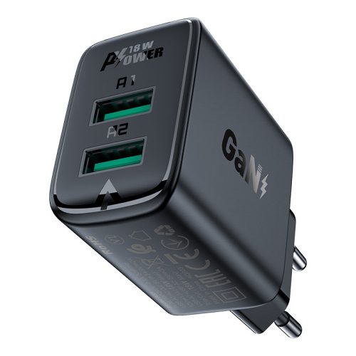 GAN 2X USB 18W QC 3.0 AFC FCP melnais lādētājs