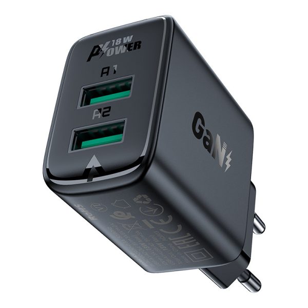 GAN 2X USB 18W QC 3.0 AFC FCP melnais lādētājs