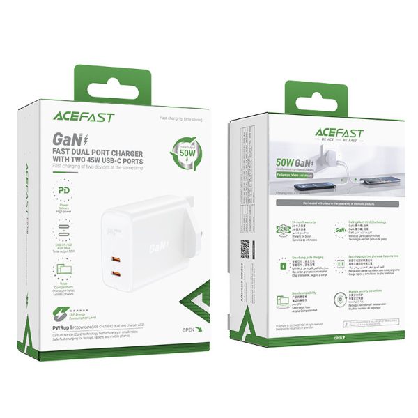 Angļu A32 GAN tīkla lādētājs Divi USB-C PD 50W UK spraudnis
