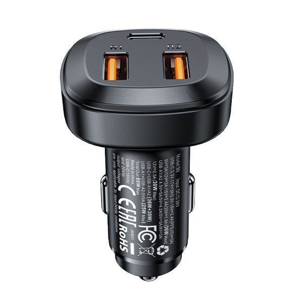 2x USB automašīnas lādētājs 1X USB-C 66W barošanas piegāde QC 4.0 melns