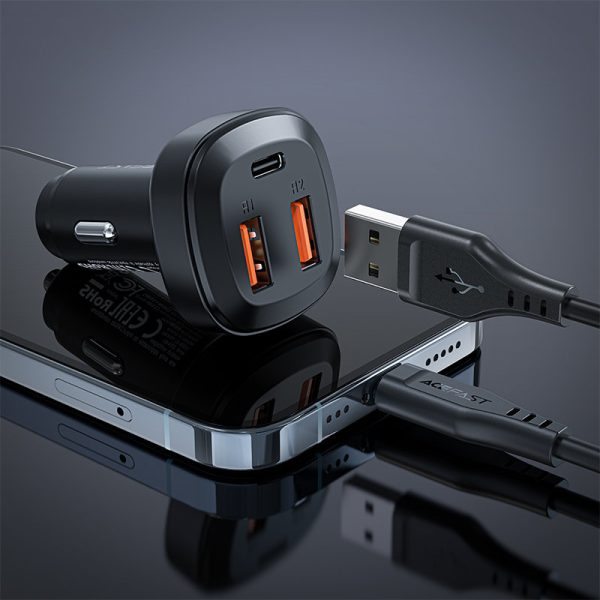 2x USB automašīnas lādētājs 1X USB-C 66W barošanas piegāde QC 4.0 melns