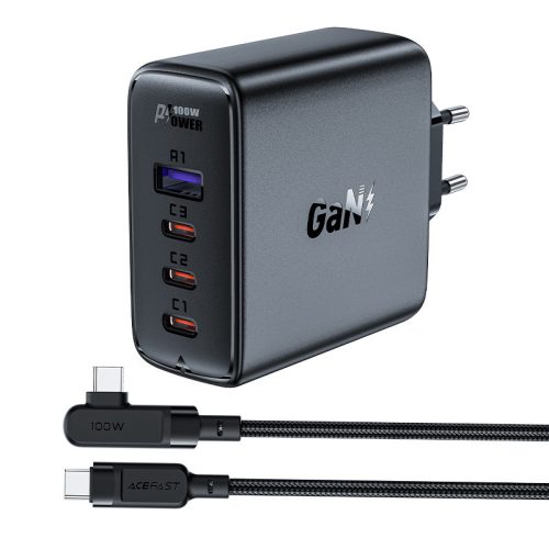 Ātrs GaN 3X USB-C 1X USB-A GAN lādētājs + USB-C 100W 2M USB-C leņķiskais kabelis 2m melns