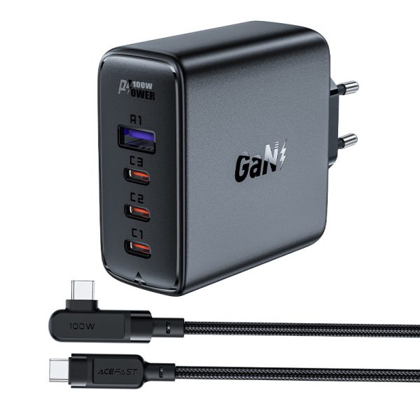 Ātrs GaN 3X USB-C 1X USB-A GAN lādētājs + USB-C 100W 2M USB-C leņķiskais kabelis 2m melns