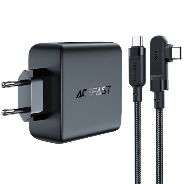 Ātrs GaN 3X USB-C 1X USB-A GAN lādētājs + USB-C 100W 2M USB-C leņķiskais kabelis 2m melns