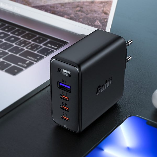 Ātrs GaN 3X USB-C 1X USB-A GAN lādētājs + USB-C 100W 2M USB-C leņķiskais kabelis 2m melns