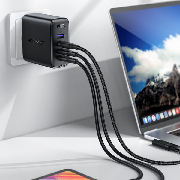 Ātrs GaN 3X USB-C 1X USB-A GAN lādētājs + USB-C 100W 2M USB-C leņķiskais kabelis 2m melns