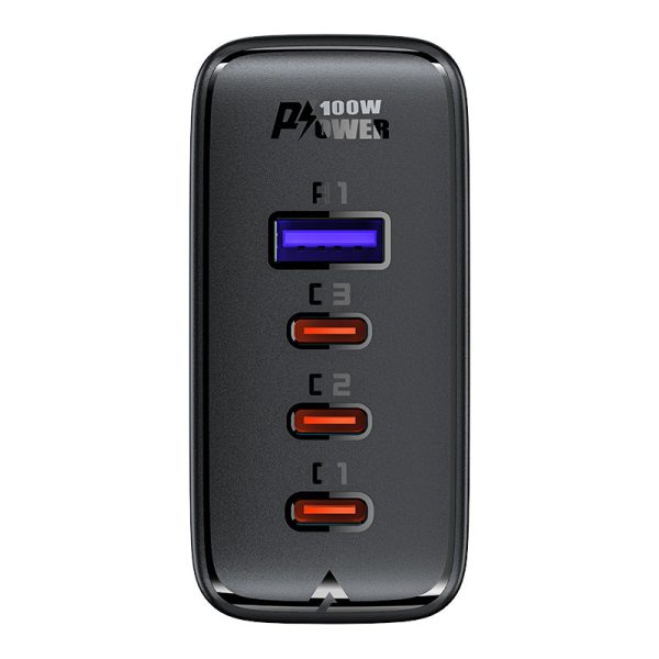 Ātrs GaN 3X USB-C 1X USB-A GAN lādētājs + USB-C 100W 2M USB-C leņķiskais kabelis 2m melns