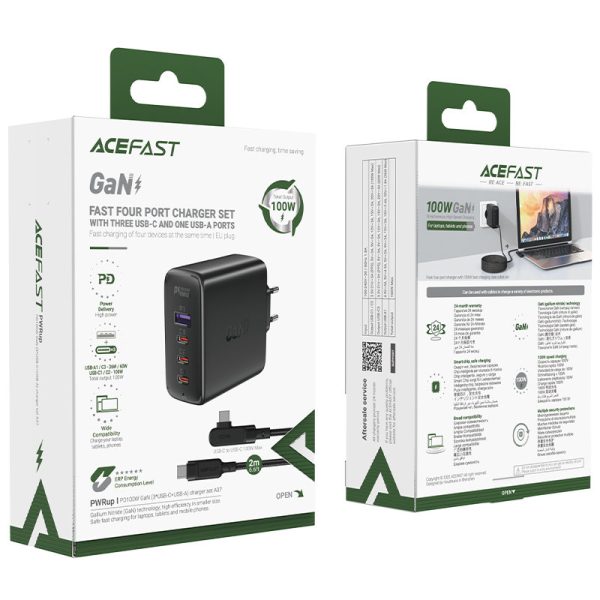 Ātrs GaN 3X USB-C 1X USB-A GAN lādētājs + USB-C 100W 2M USB-C leņķiskais kabelis 2m melns