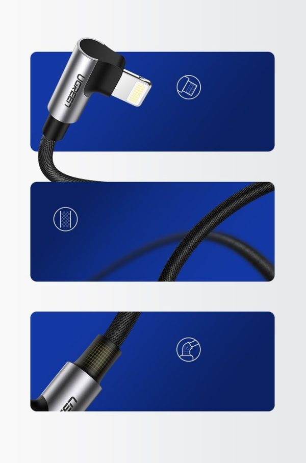Leņķa kabeļa kabelis iPhone USB - zibens mfi 2,4a 1m melns