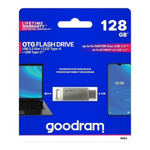 Pendrive 128GB divi USB 3.2 + USB-C OTG ODA3 sudraba savienotāji
