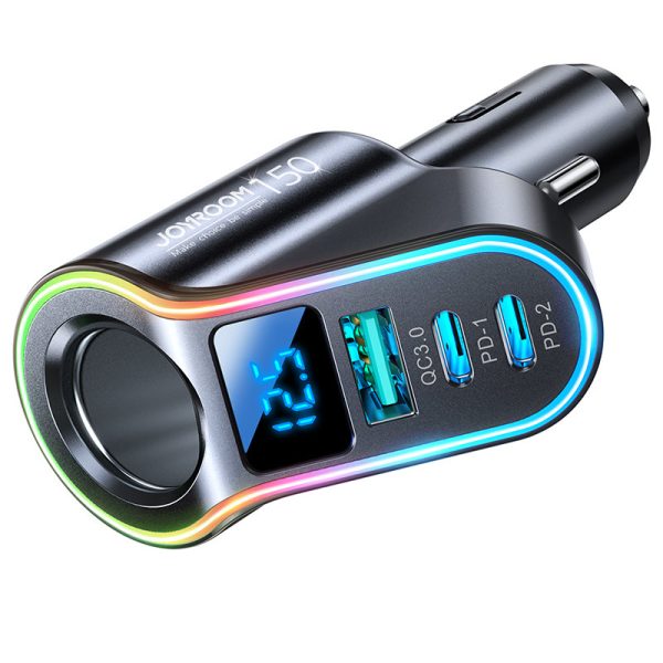 4in1 ātras automašīnas lādētājs USB-A 2X USB-C PD 150W Black