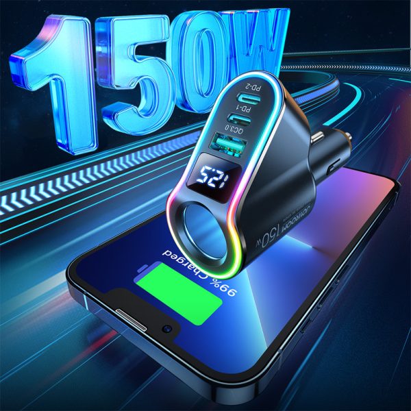 4in1 ātras automašīnas lādētājs USB-A 2X USB-C PD 150W Black