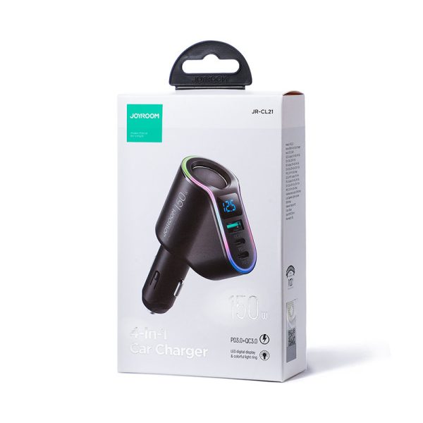 4in1 ātras automašīnas lādētājs USB-A 2X USB-C PD 150W Black