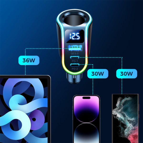 4in1 ātras automašīnas lādētājs USB-A 2X USB-C PD 150W Black