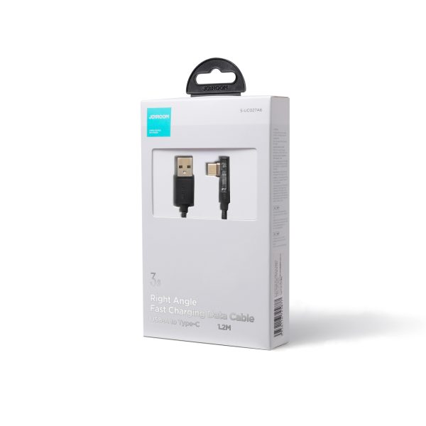 USB -C leņķiskais kabelis - USB ātrai uzlādēšanai un datu pārsūtīšanai 3A 1,2m melnā krāsā