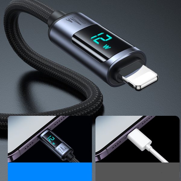 IPhone kabelis ar LED zibens displeju - USB -A 2,4A 1,2m melns