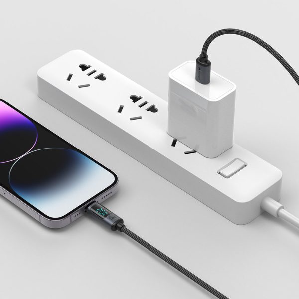 IPhone kabelis ar LED zibens - USB -C 2,4A 1,2m melns displejs