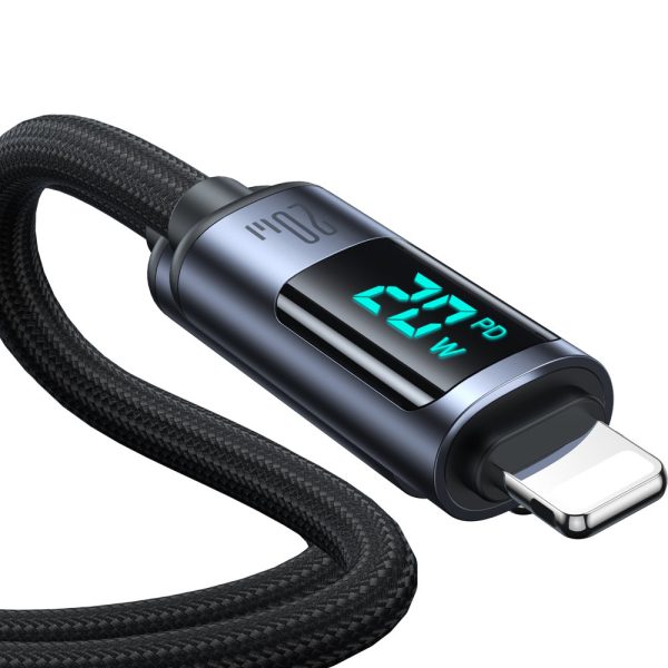 IPhone kabelis ar LED zibens - USB -C 2,4A 1,2m melns displejs