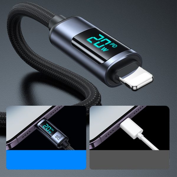 IPhone kabelis ar LED zibens - USB -C 2,4A 1,2m melns displejs
