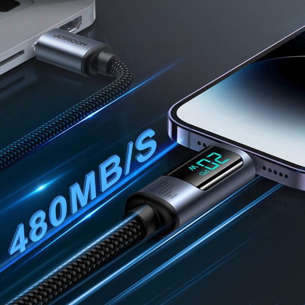 IPhone kabelis ar LED zibens - USB -C 2,4A 1,2m melns displejs