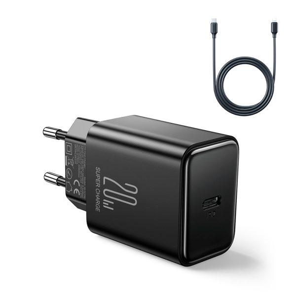 USB-C 20W PD tīkla lādētājs ar iPhone Lightning melnu kabeli