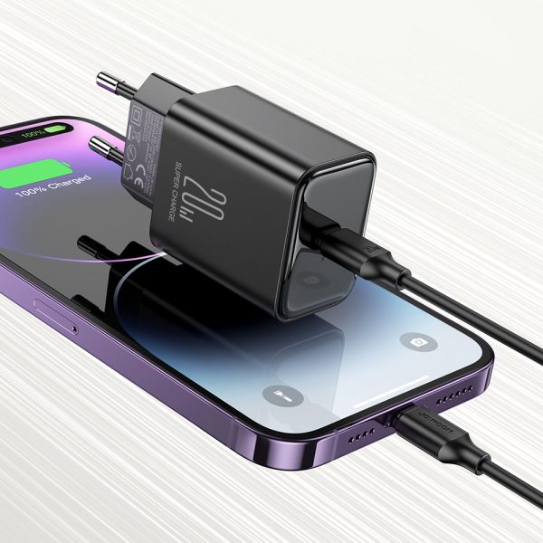 USB-C 20W PD tīkla lādētājs ar iPhone Lightning melnu kabeli