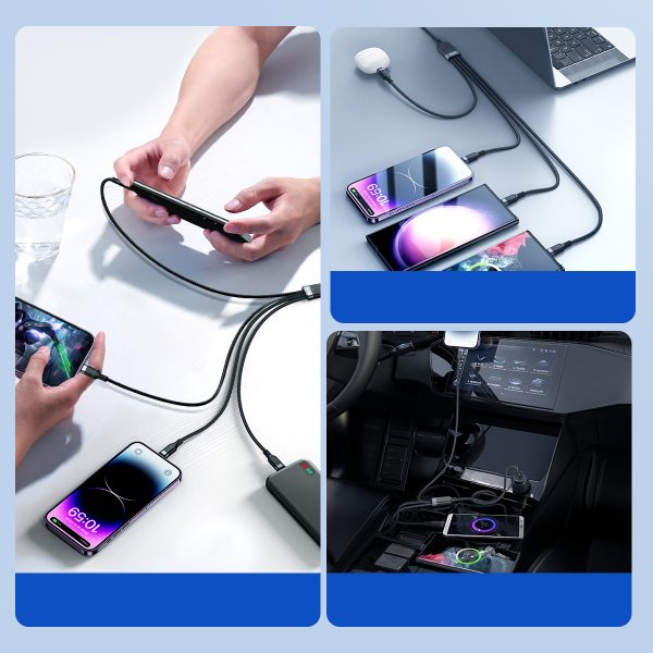 4in1 USB-A Cable-2x USB-C iphone zibens microusb 1,2m melns