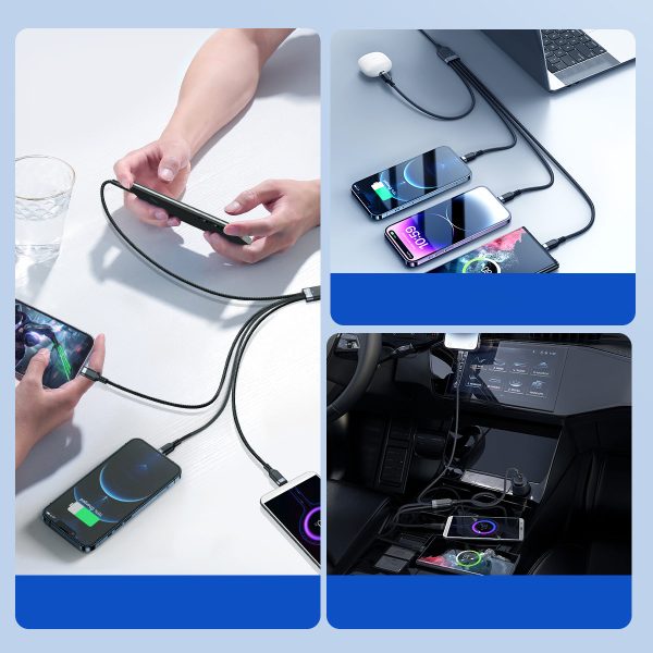 4in1 USB-A Cable-USB-C 2x iPhone zibens microUSB 1,2m melns