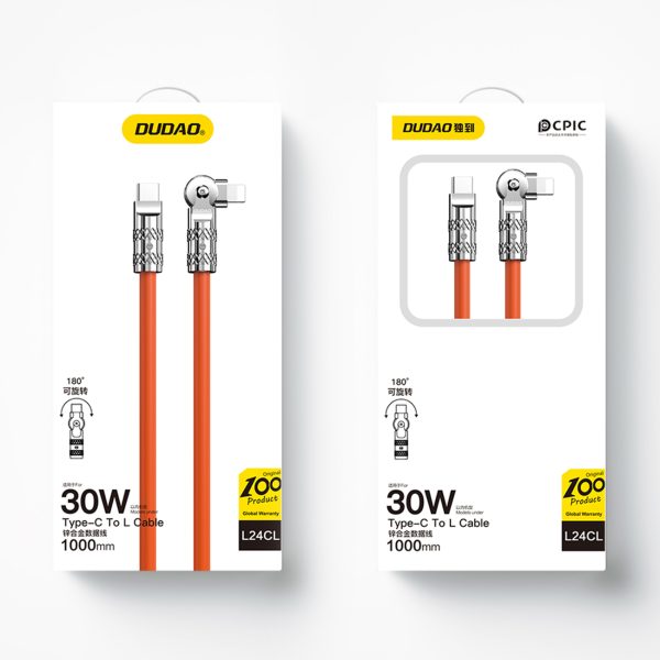 Spēcīgs leņķa kabelis iPhone USB -C - zibens 30 W 1m Rotation 180 Orange