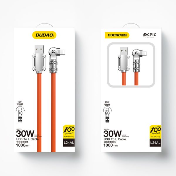 Spēcīgs leņķa kabelis iPhone USB -A - zibens 30w 1m 180 apelsīnu rotācija