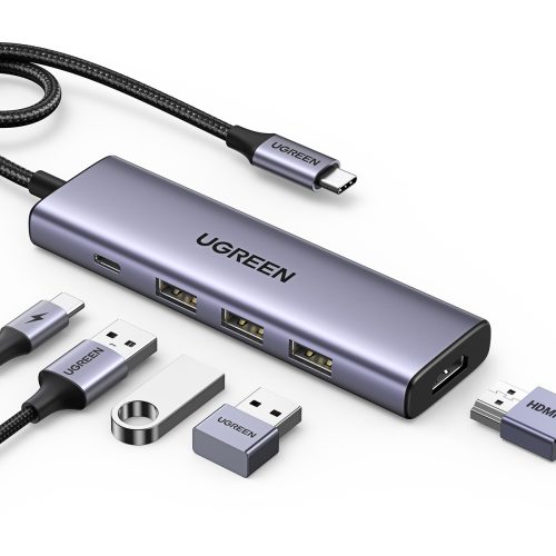 5in1 daudzfunkcionāls centrmezgls USB-C 3X USB-A HDMI 4K PD 100W pelēkais adapteris