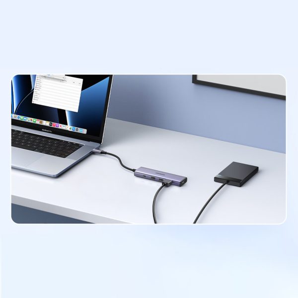 5in1 daudzfunkcionāls centrmezgls USB-C 3X USB-A HDMI 4K PD 100W pelēkais adapteris