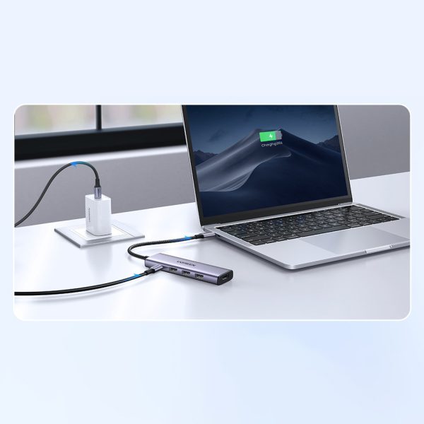 5in1 daudzfunkcionāls centrmezgls USB-C 3X USB-A HDMI 4K PD 100W pelēkais adapteris
