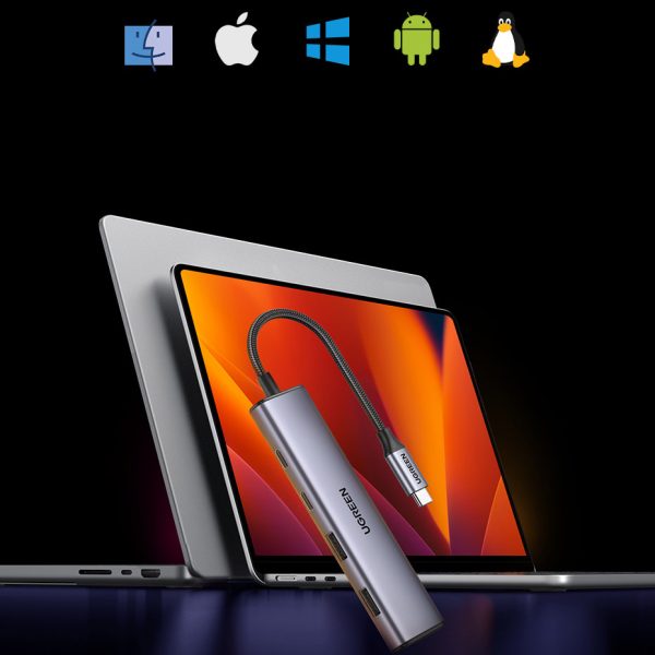 Hub USB-C porta adapteris-2x USB-A 2x USB-C 20cm pelēks