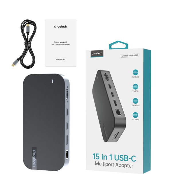 Rumbas adapteris M52 USB-C USB-A HDMI VGA DP SD TF RJ45 AUX PD pelēks