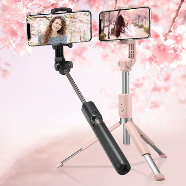 2in1 teleskopiskā nūju selfija nūja ar tālvadības pulti un statīvu ar melna tālruņa statīvu