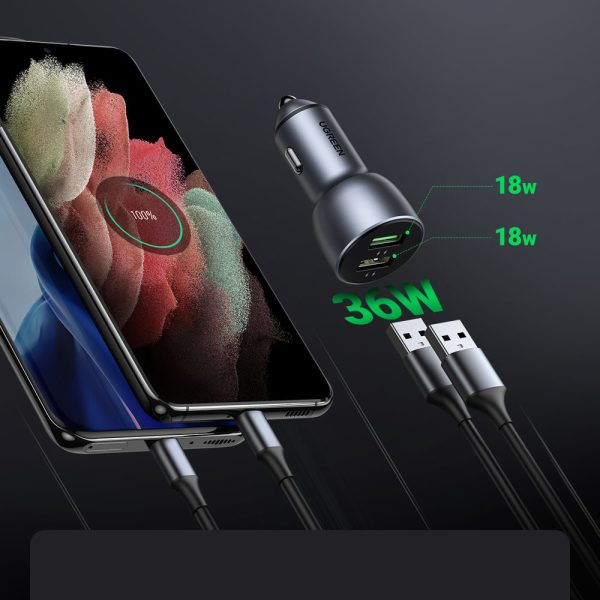 Ātrās automašīnas lādētājs 2X USB 36W ātrās uzlādes SCP FCP AFC pelēkā krāsā