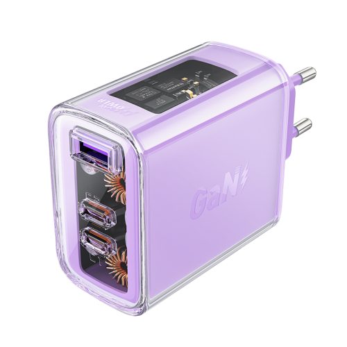GAN 65W tīkla lādētājs 3 porti 1X USB 2X USB-C PURPLE